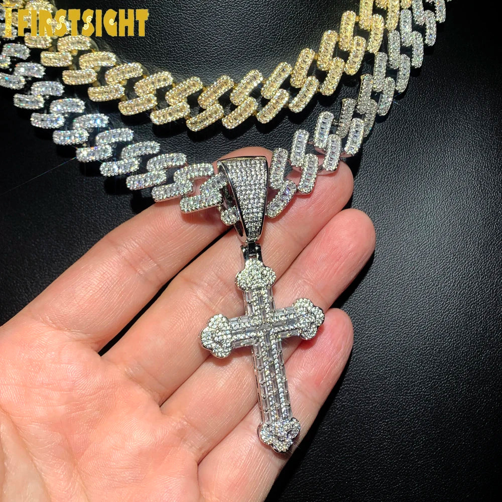 Collana con croce ghiacciata per uomo donna ciondolo con zirconi color argento bling con catena a maglie cubane da 15 mm gioielli hip-hop