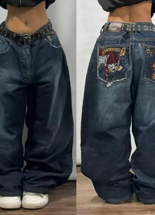Jeans larghi ricamati modello Joker di tendenza della moda americana Donna Street Y2K Nuovi pantaloni a gamba larga oversize Hip Hop Jeans unisex