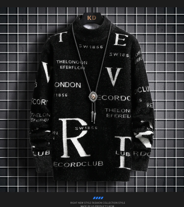 New Men's Blue Pullover Sweater American Classic Men's Black Sweater Color Blocked Warm Top Fashionable Men's Clothing 2025 New