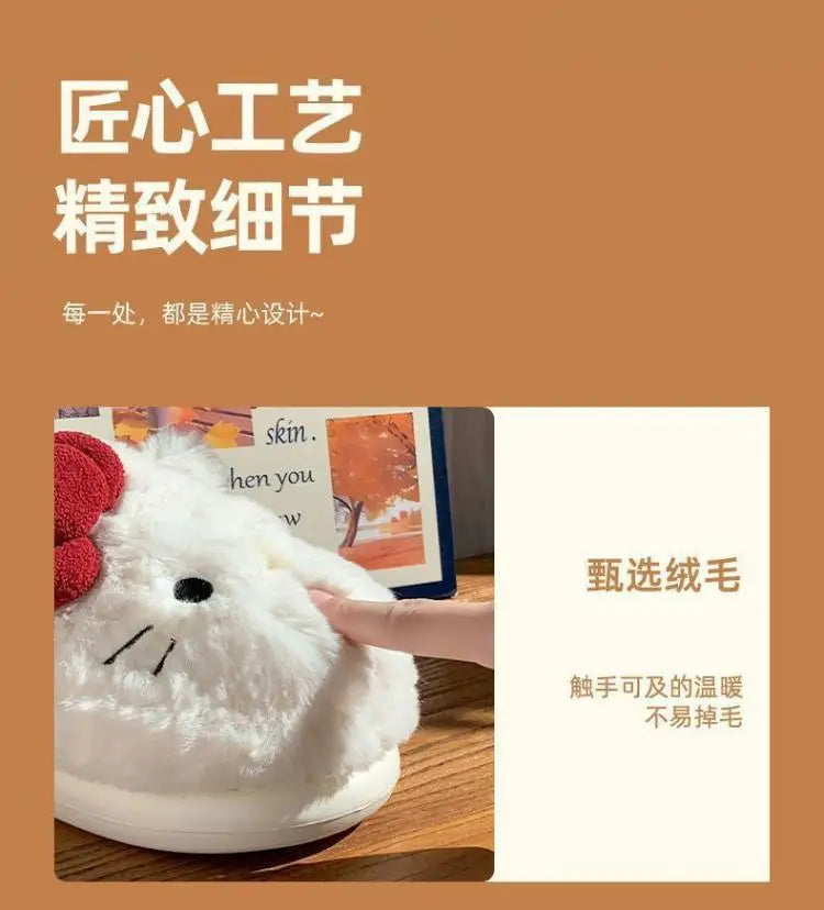 San-Rio Cute Girls Plush Slippers Cartoon Hello Kitty Winter Women Warm Cotton Shoes Female Kawaii Home Thick Sole Shoes Outdoor