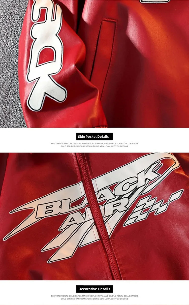 2026 New Men's American Racing Style Printed Leather Jacket Fashion Stand Collar Motorcycle Biker Coat Casual Outerwear PU
