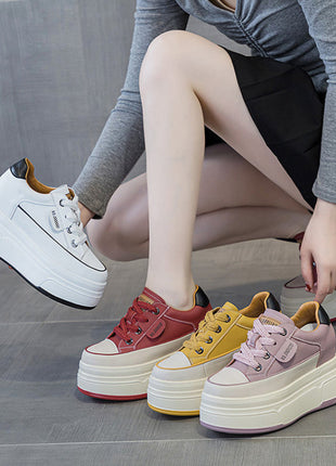 Fujin 9cm 3 inch comfortable platform sneakers for women Genuine Leather Women Vulcanized Shoes Platform High Heels Casual Shoes PlatiNum