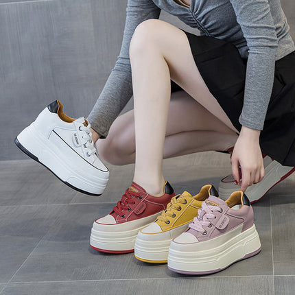 Fujin 9cm 3 inch comfortable platform sneakers for women Genuine Leather Women Vulcanized Shoes Platform High Heels Casual Shoes PlatiNum