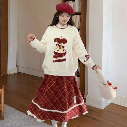 Sweet Red Plaid Long Skirt Women Vintage Faux Woolen Bow Cute Skirts Lace Patchwork High Waist Korean Elegant Warm Long Skirts PlatiNum