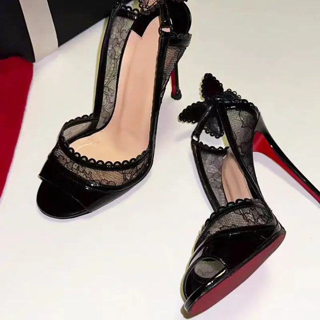 Sexy Lace Bowknot Thin High Heels Women Peep Toe Elegant Designer Stripper Banquet Dress Shoes Fashion Brand Sandals Women