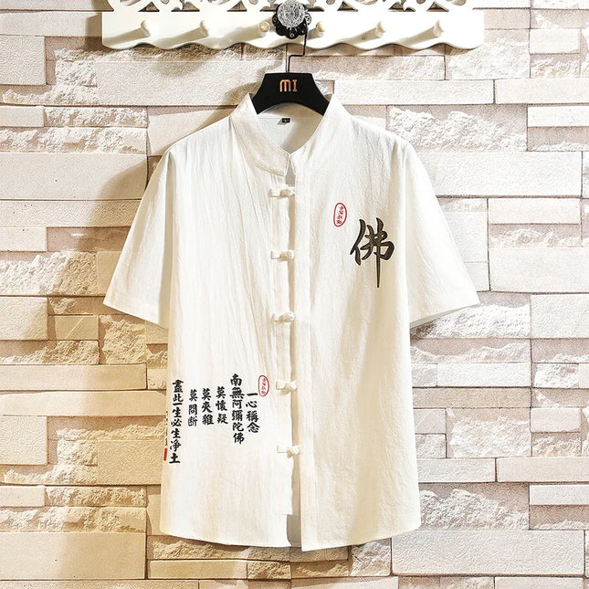 Top da uomo in stile cinese Tang Suit Lino solido tradizionale Kung Fu Manica corta Respiro in cotone Tipo cinese Camicia Hanfu Plus Size5XL