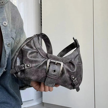Y2K Vintage Distressed Leather Women Bag Shoulder Bag Maillard Style Underarm Purse Two Tone Crossbody Bag for Women PlatiNum