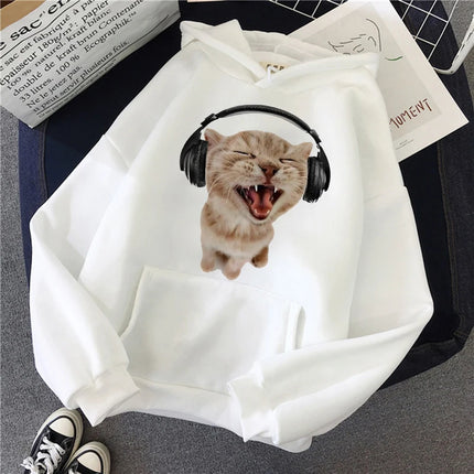Funny Cute Cat Sweatshirt for Women Aesthetic Y2k 90s Hoodies Harajuku Graphic Pullovers 2000s Ulzzang Gothic Streetwear Female