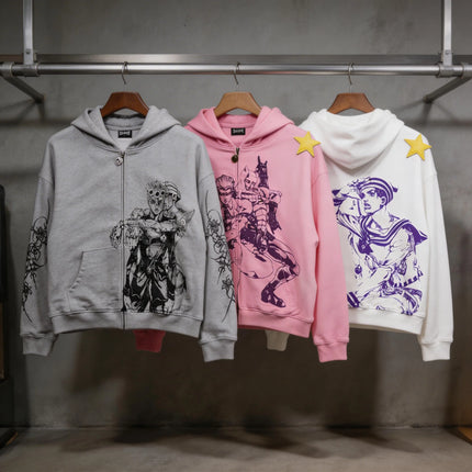 Jojo Bizarre Adventure Star Design Hoodies Women Men Zip Anime Hoodie Harajuku Streetwear Sweatshirt Y2k Men Clothing