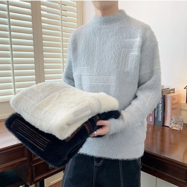 2025 Thickened Sweater Men's Autumn Winter Casual Half High Neck Pullover Knitwear Furry Korean Loose Simple Sweaters 3 Colors