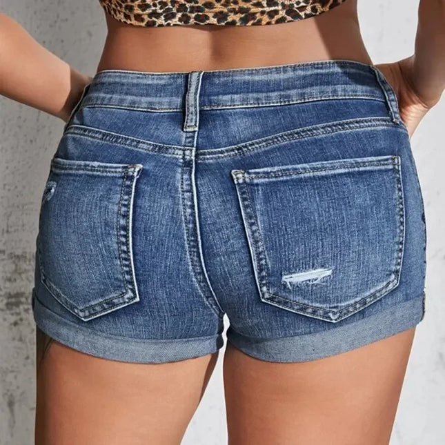 Women's Ripped Denim Shorts Summer Beach Wild Fashion Sexy Casual Slim Fit Stretchy Mid-Rise Cuffed Shorts