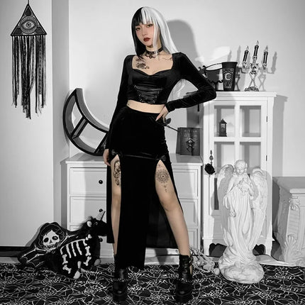 Damen-Punk-Rock-Stil-Rock, neuartiger eleganter langer Rock für Halloween und Festivals, hohe Taille, schlanke Passform, mit sexy Schleife und seitlichem Schlitz, Knielang