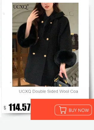 UCXQ Elegant OL Office Lady Overcoats Fur Patchwork Long Sleeve Woolen Coat Beautiful Women's Clothing Jacket Autumn 2025 Winter