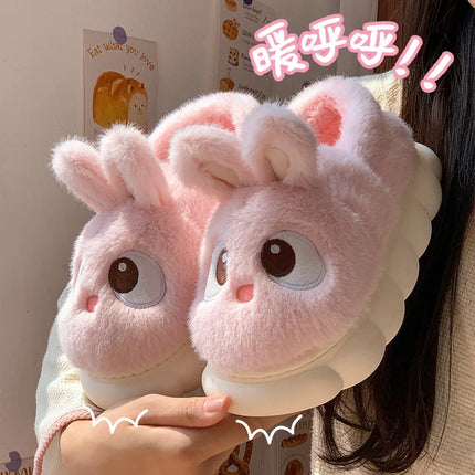 Chaussons d'intérieur en peluche chaude d'hiver en fourrure de lapin panda de dessin animé, pantoufles plates moelleuses thermiques amusantes pour femmes