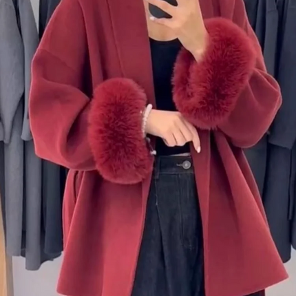 Solid Lace Up Faux Fur Sleeve Jacket Woman Elegant Mid-length V-neck Woolen Blend Coat Autumn Casual Fashion Scarf Outwear 2025