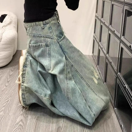 Jeans Vintage a Vita Alta con Effetto Invecchiato per Donna, Pantaloni Larghi a Gamba Dritta e Lunga per Primavera e Autunno
