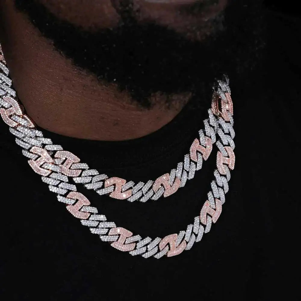 Hip Hop 15mm Iced Out catena a maglia cubana Shiny CZ Stone Pink collana cubana con naso di maiale placcato a due colori per donna uomo