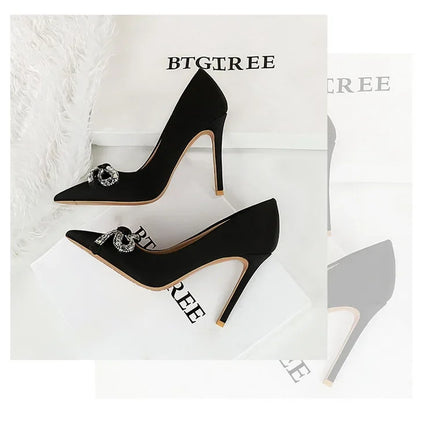 BIGTREE Street Style Lusso Fiocco con strass con punta a punta Tacco sottile Bicchiere da vino in seta Tacchi alti Décolleté da donna