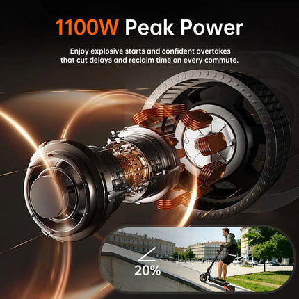 Monopattino Elettrico Pieghevole Fynzo S11, Velocità Massima 45km/h, 1100W 48V/15.6Ah, Doppia Sospensione, Autonomia 60km, Pneumatici Tubeless da 10'', Potenza di Picco 1100W, NFC