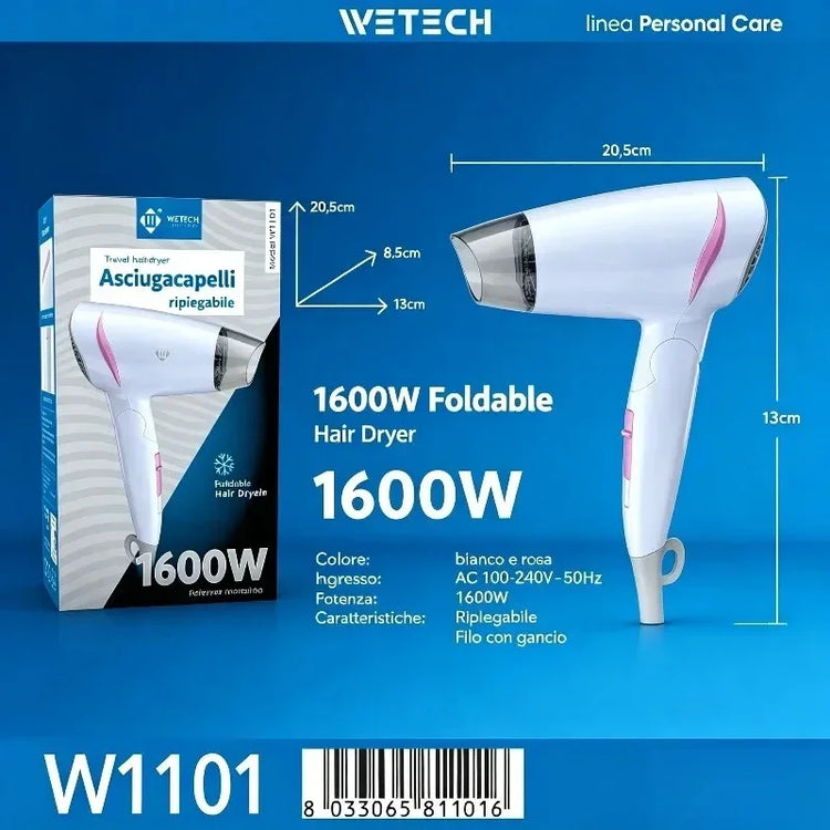 1600W Dual Voltage Hair Dryer Foldable Design 100-240V Portable Travel Hairdryer Hot Cold Air Styling Tool Hotel Use