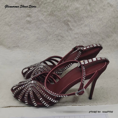 Bling Crystal Caged-toe Satin Sandals Women's Round Toe Thin High Heels Party Shoes Summer Fashion Buckle Strap Daily Stilettos