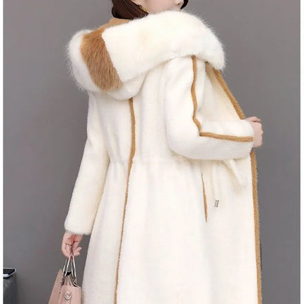 Imitation Mink Fleece Jackets Womens Autumn Winter Thicken Warm Hooded Woolen Coat High End Lady Gold Mink Velvet Wool Overcoat
