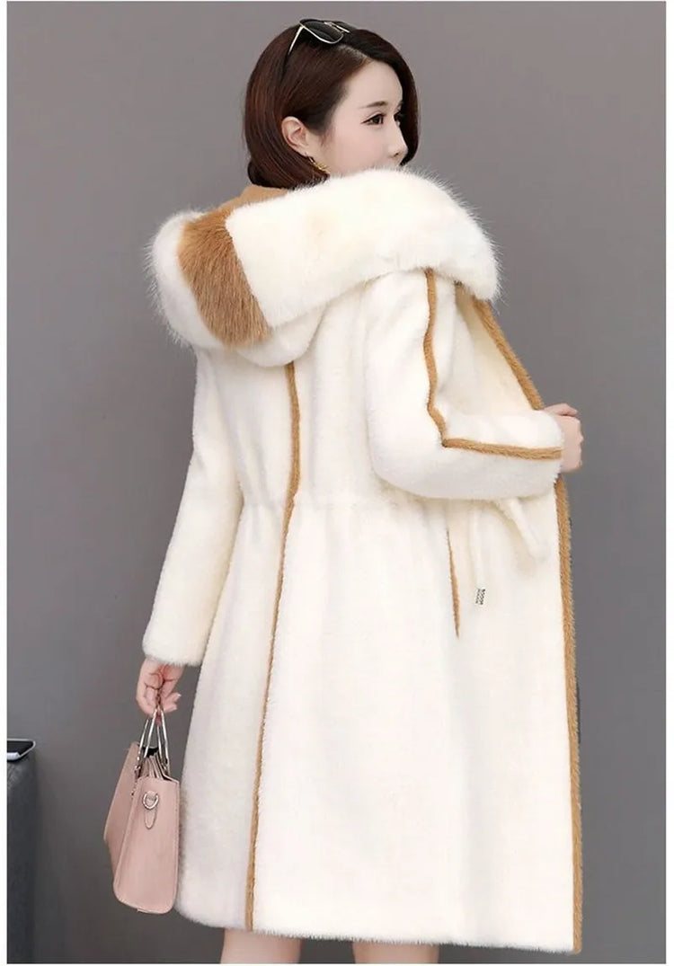Imitation Mink Fleece Jackets Womens Autumn Winter Thicken Warm Hooded Woolen Coat High End Lady Gold Mink Velvet Wool Overcoat