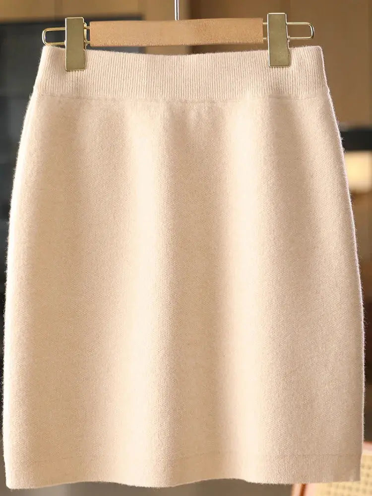 Autumn Winter Women Wool Skirt Elastic Waist Mini Slim Fit Cashmere Skirts 100% Merino Wool Knitted Office Lady Above Knee Dress PlatiNum