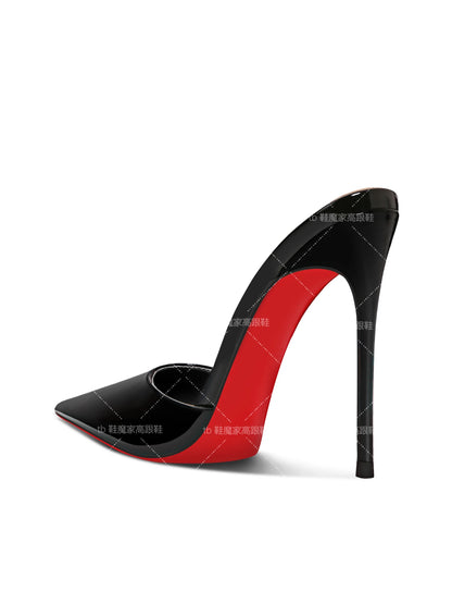 2025 New Black Baotou Sandals for Women, Pointed High Heels,Ultra fine Heels,One Word Back Empty Half Slippers for External Wear