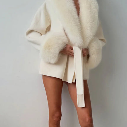 Women Faux Wool Short Coat Faux Fur Collar Cuffs Patchwork Lace-Up Coats Elegant Loose Luxury Ladies Autumn Winter Outerwear