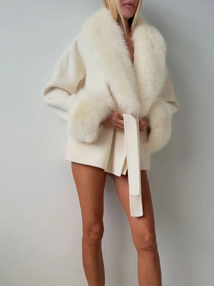 Women Faux Wool Short Coat Faux Fur Collar Cuffs Patchwork Lace-Up Coats Elegant Loose Luxury Ladies Autumn Winter Outerwear