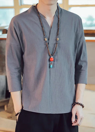 Kimono estivo stile giapponese manica corta uomo nuovo cotone a mezza manica lino traspirante abbigliamento uomo t-shirt giapponese Yukata top