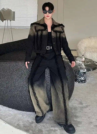 LUZHEN Denim American Sets Gradient Burr Personalized Tassel High Street Wornout Fashion Straight Jeans Retro Two Piece LZ9010 PlatiNum