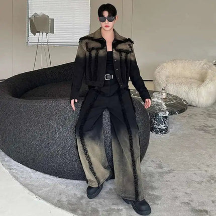 LUZHEN Denim American Sets Gradient Burr Personalized Tassel High Street Wornout Fashion Straight Jeans Retro Two Piece LZ9010 PlatiNum