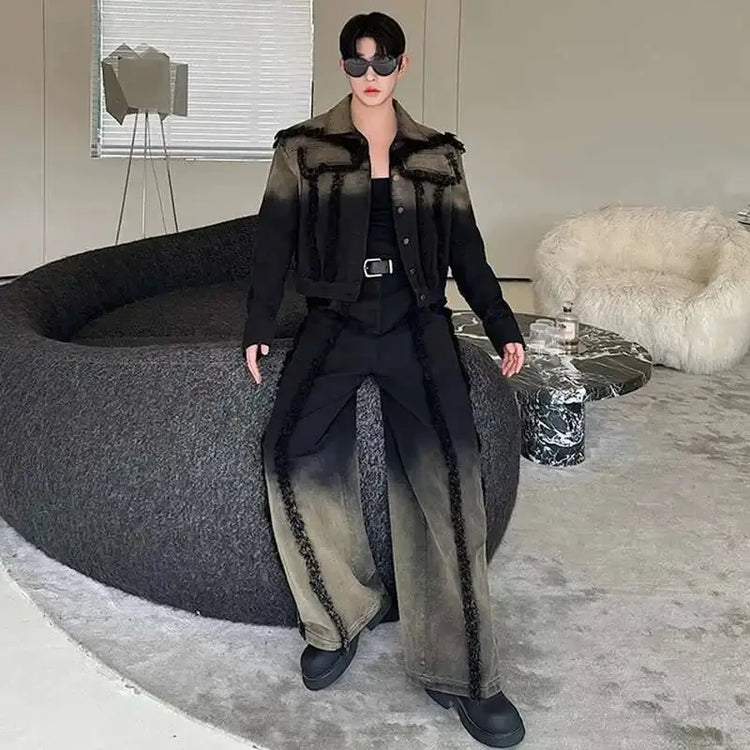 LUZHEN Denim American Sets Gradient Burr Personalized Tassel High Street Wornout Fashion Straight Jeans Retro Two Piece LZ9010 PlatiNum