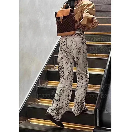 Jeans dritti a gamba larga con stampa leopardata Jeans retrò a vita alta da donna Streetwear Pantaloni vintage Y2k Pantaloni in denim da strada