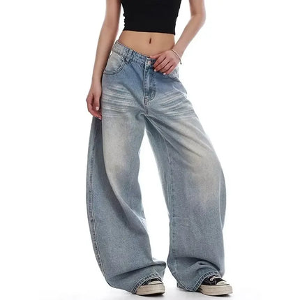 Jeans Casual Vintage Y2k con Ricami, Blu, Vita Alta, Gamba Larga, Stile Americano Retrò Anni '90
