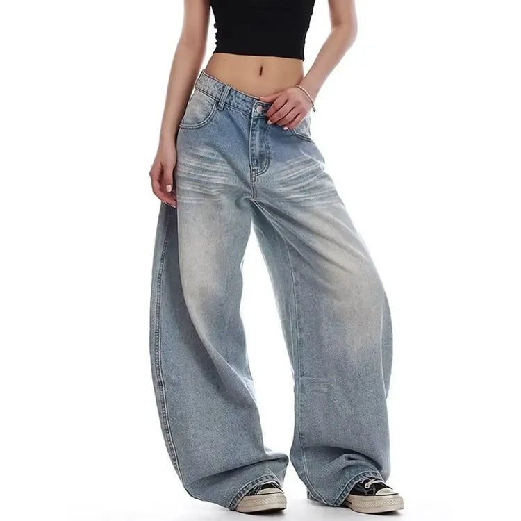 Jeans Casual Vintage Y2k con Ricami, Blu, Vita Alta, Gamba Larga, Stile Americano Retrò Anni '90