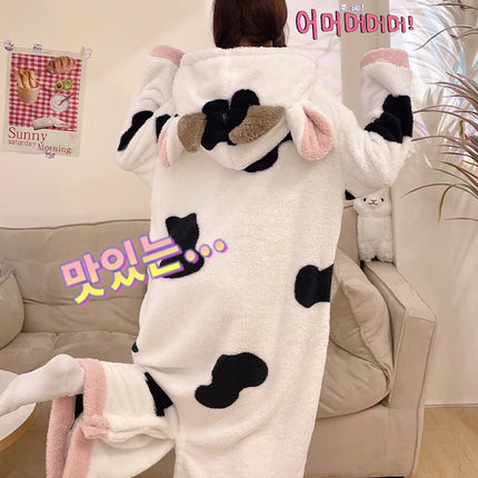 Women Onesie Kigurumis Cow Pajamas Adult Female Winter Sleepwear Zipper Hooded  Jumpsuits Thick Soft Warm Fleece Pijama Mujer