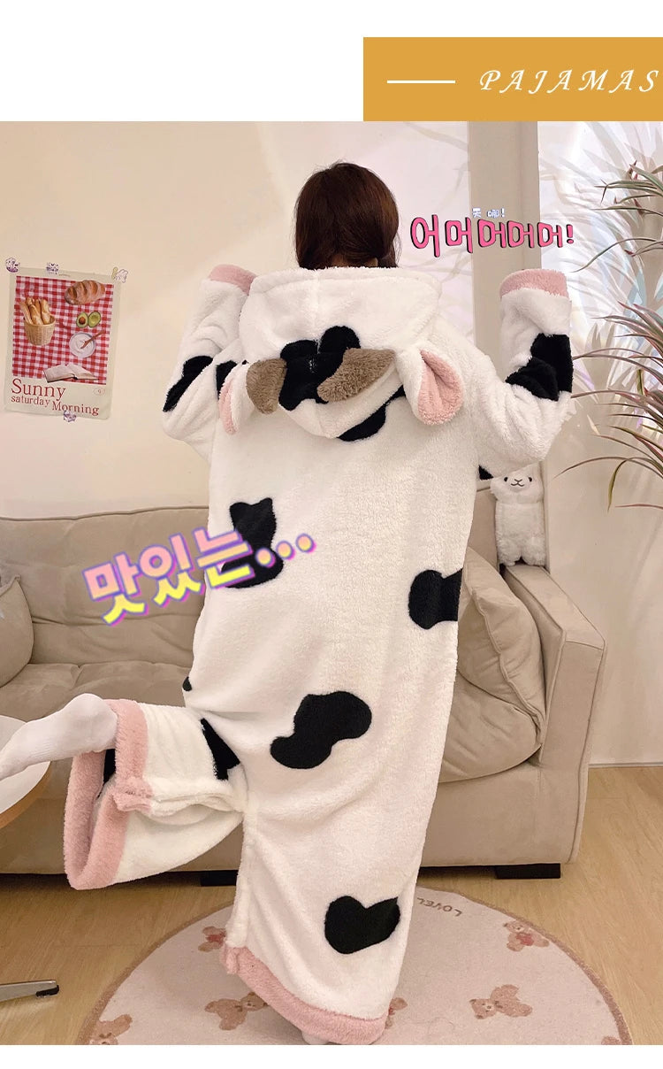 Women Onesie Kigurumis Cow Pajamas Adult Female Winter Sleepwear Zipper Hooded  Jumpsuits Thick Soft Warm Fleece Pijama Mujer