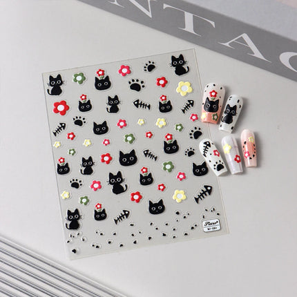 Cute Black Cat Nail Stickers Decals 5D Embossed Kawaii Cat Flowers Star Nail Art Decoration Cute Cartoon Sliders Summer Manicure