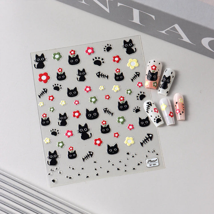Cute Black Cat Nail Stickers Decals 5D Embossed Kawaii Cat Flowers Star Nail Art Decoration Cute Cartoon Sliders Summer Manicure