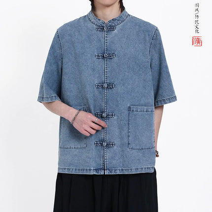 Nuove Giacche in Denim Estive Uomo/Donna Stile Cinese Vintage Lavato Camicie Personalizzate Uomo Kung Fu Casual Baggy Cotone Giacca Tang
