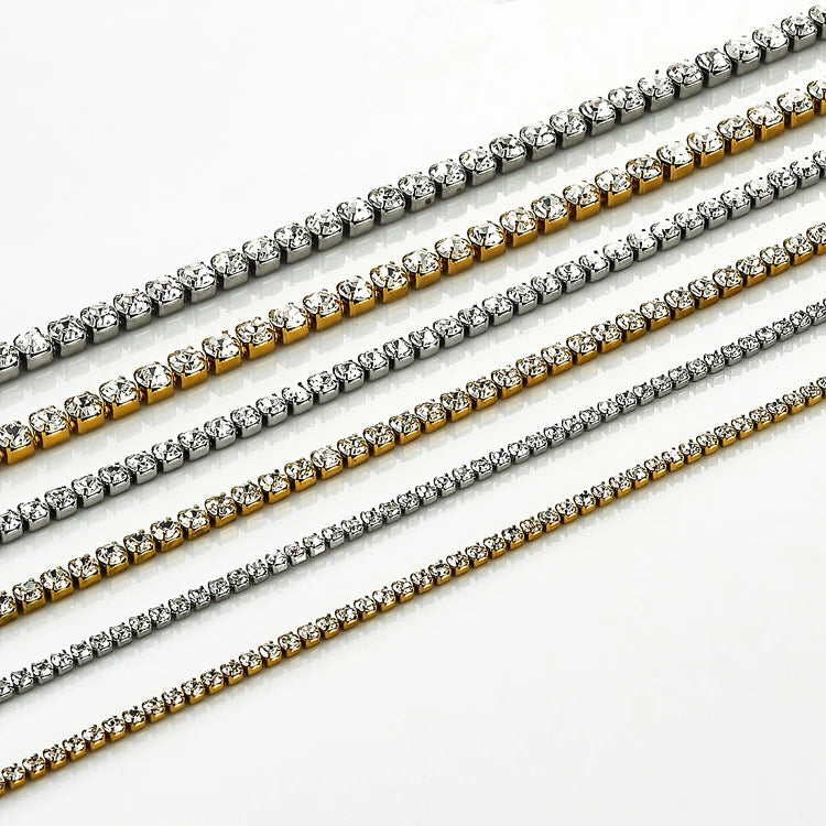 Stainless Steel Shiny Necklace For Men Women Gold Silver Color  Width 2/3/4MM Choker Necklaces With Rhinestones Jewelry Gifts PlatiNum
