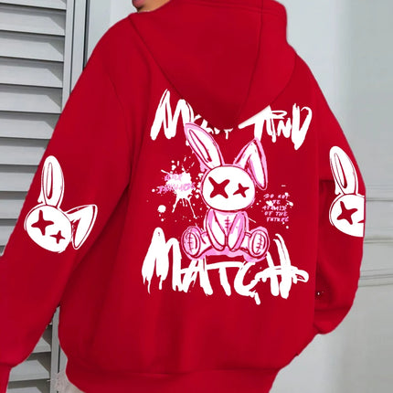 Mix And Match Cartoon Rabbit Prints Women Hoodie Pocket Streetwear Harajuku Loose Hoody All-Match Fleece Female Clothing
