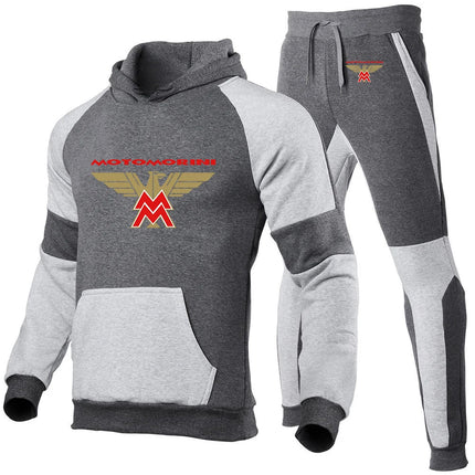 2024 Spring Autumn Men's Moto Morini Logo Print Sports Splicing Cotton Hooded Tracksuit+Jogging Sweatpants Trend Comfortable Set PlatiNum