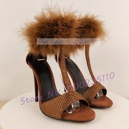 Chocolate Rhinestone T Strap Sandals Women Trendy Real Turkey Feather Ankle Strap Luxury Shoes Glittery Party High Heels Sandals