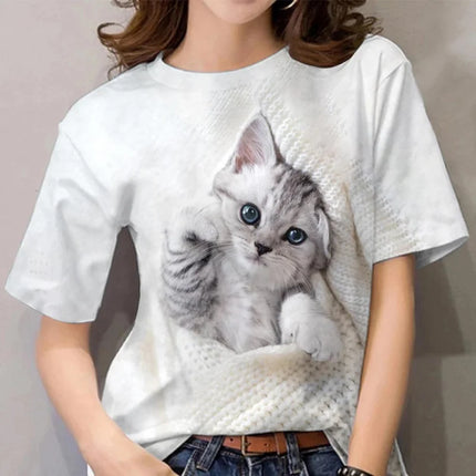 T-shirt mignonne en forme de chat pour femme, avec impression 3D animal de compagnie, manches courtes, hauts décontractés d'été, T-shirts amples Streetwear à col rond