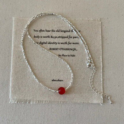 Minar French Silver Water Wave Chain Red Agate Beads Heart Beaded Pendant Necklaces for Women Gold Silver Plated Sweater Chain PlatiNum