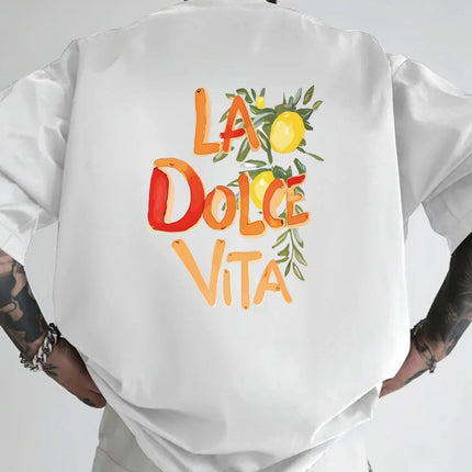 Italian style, dolce vita, men's printed top with back design, short-sleeved t-shirt, casual streetwear